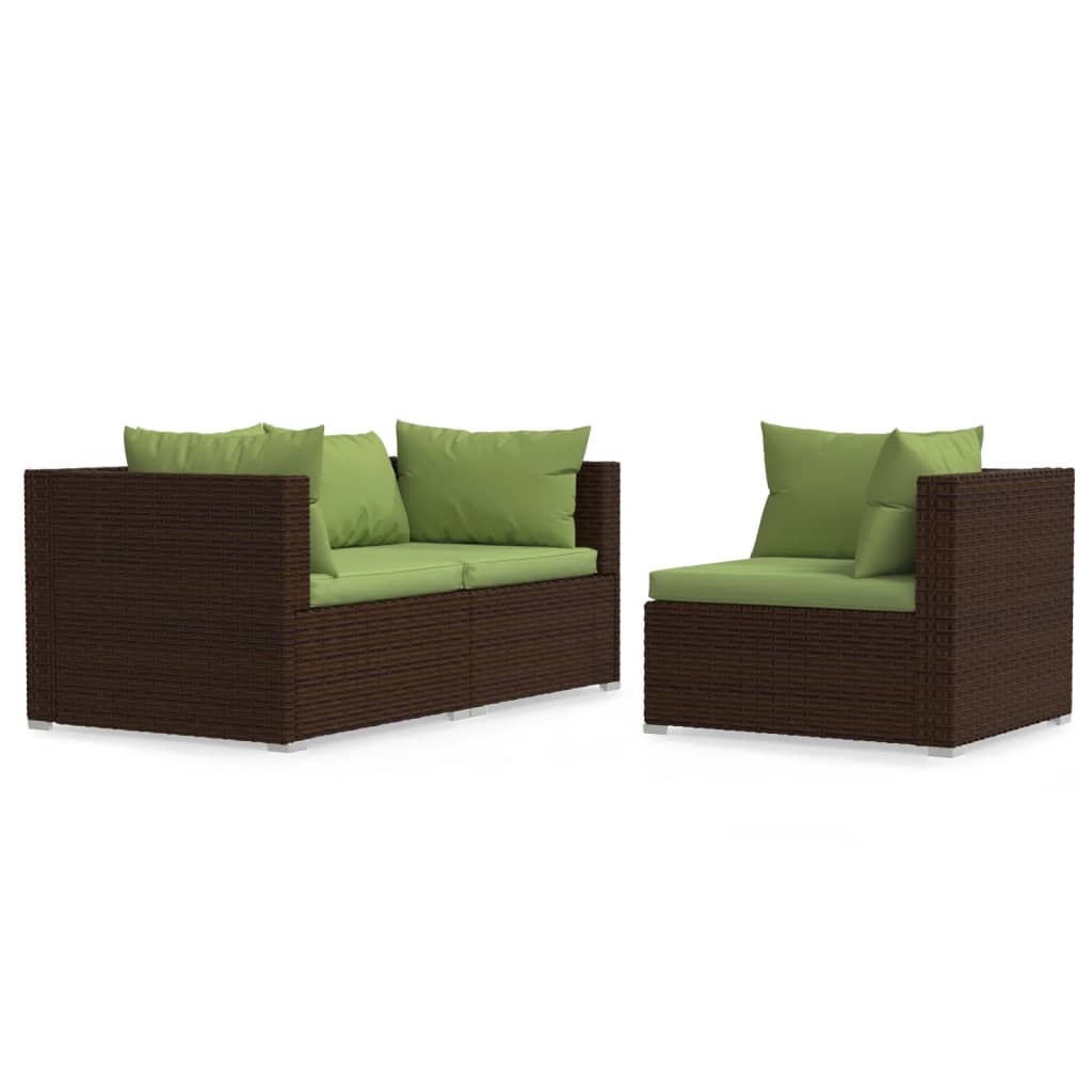 3 Piece Garden Lounge Set with Cushions Brown Poly Rattan