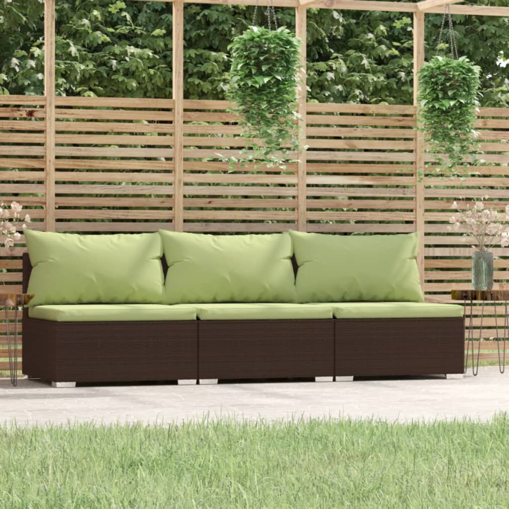 3-Seater Sofa with Cushions Brown Poly Rattan