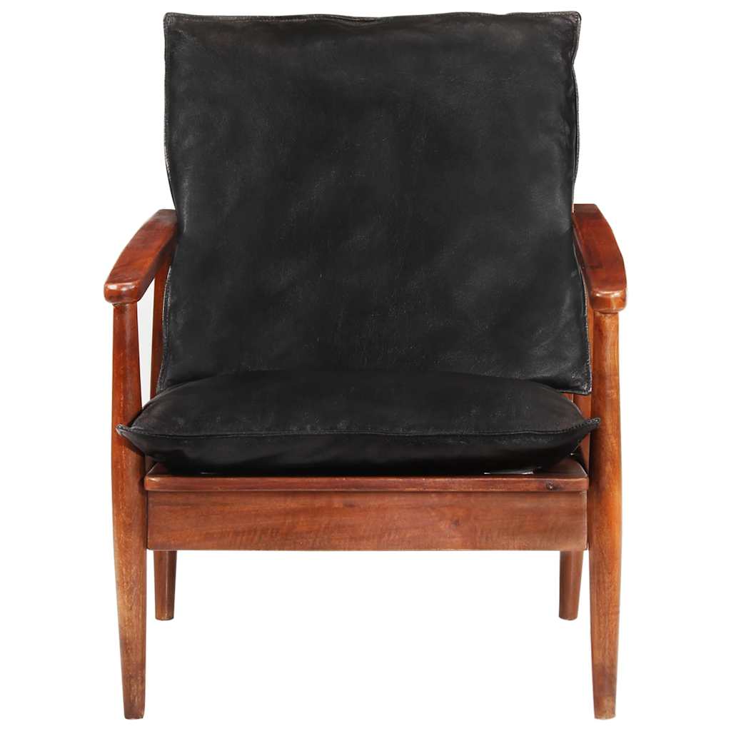 Armchair Black Real Leather and Solid Wood Acacia