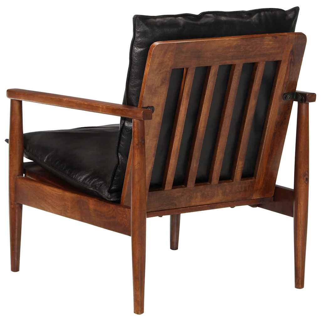 Armchair Black Real Leather and Solid Wood Acacia
