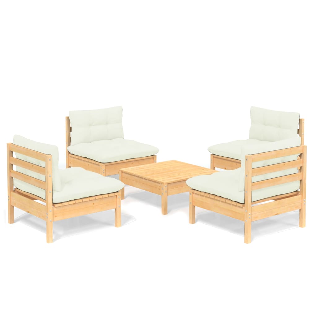 5 Piece Garden Lounge Set with Cream Cushions Pinewood
