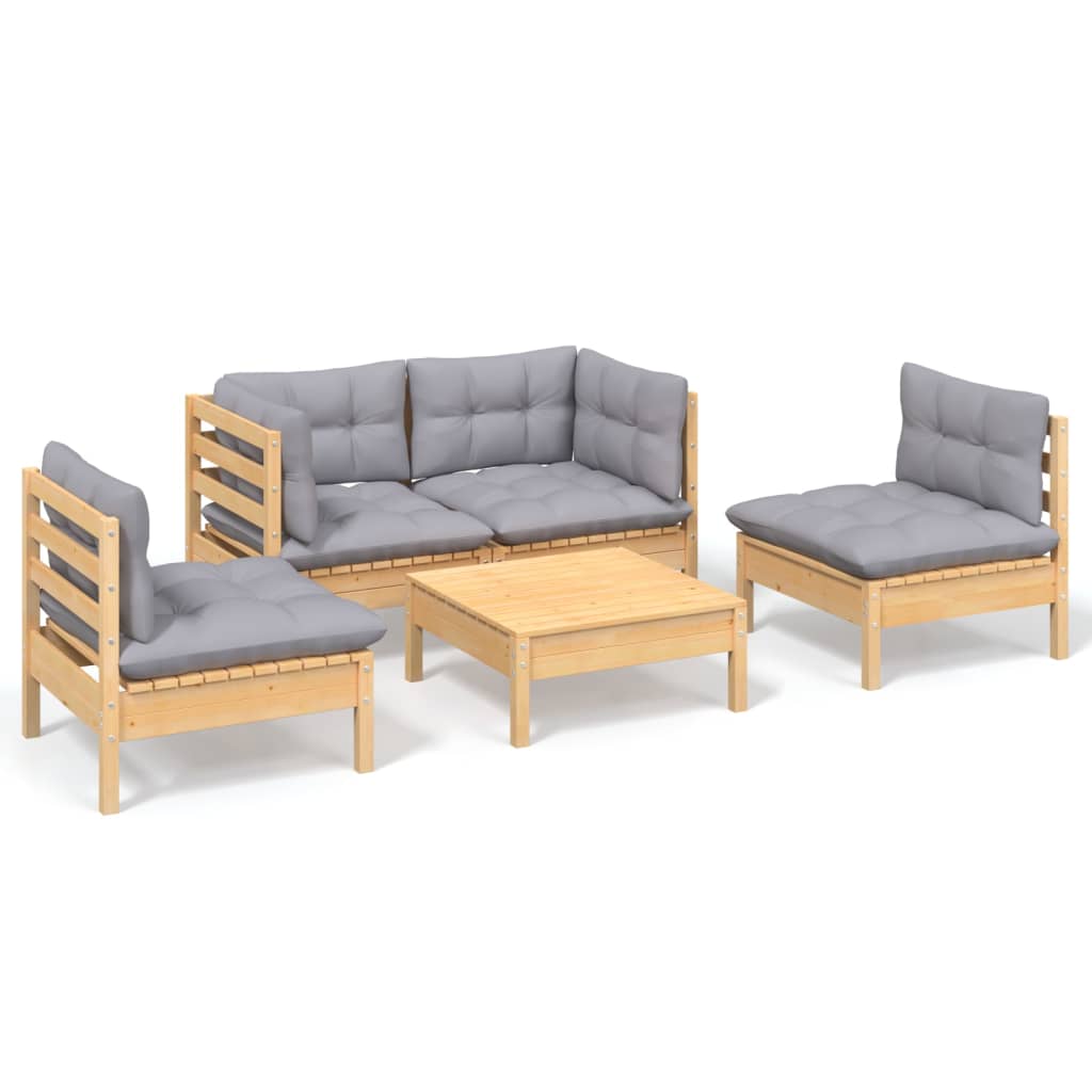 5 Piece Garden Lounge Set with Grey Cushions Solid Pinewood