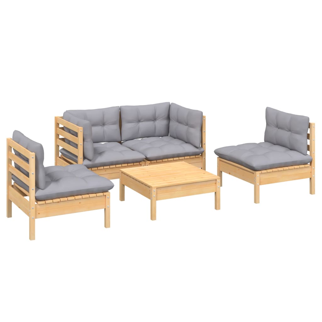 5 Piece Garden Lounge Set with Grey Cushions Solid Pinewood