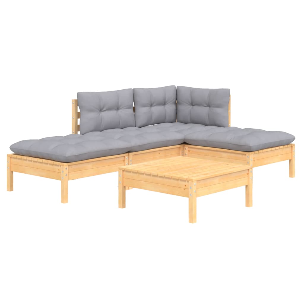 5 Piece Garden Lounge Set with Grey Cushions Pinewood