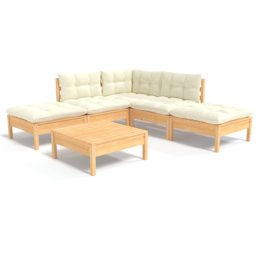 6 Piece Garden Lounge Set with Cream Cushions Pinewood