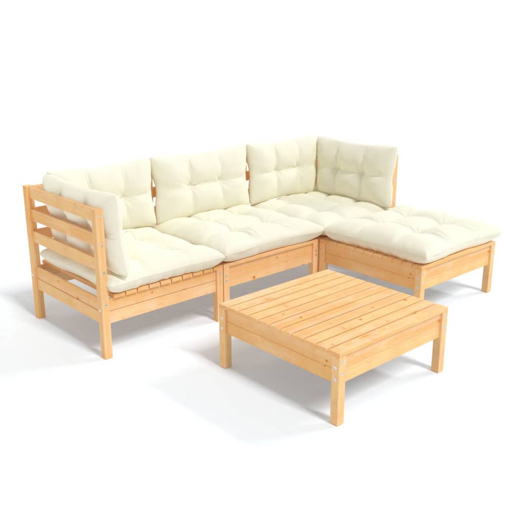 5 Piece Garden Lounge Set with Cream Cushions Pinewood