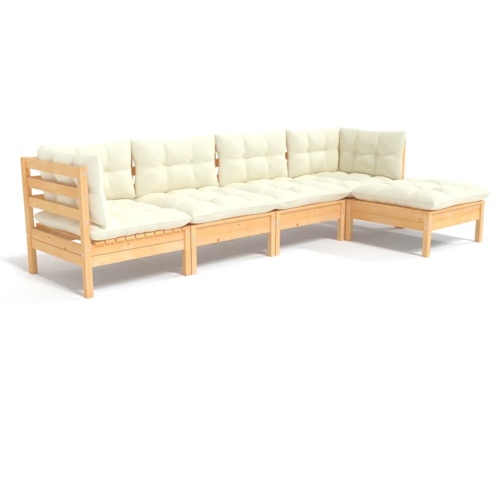5 Piece Garden Lounge Set with Cream Cushions Pinewood
