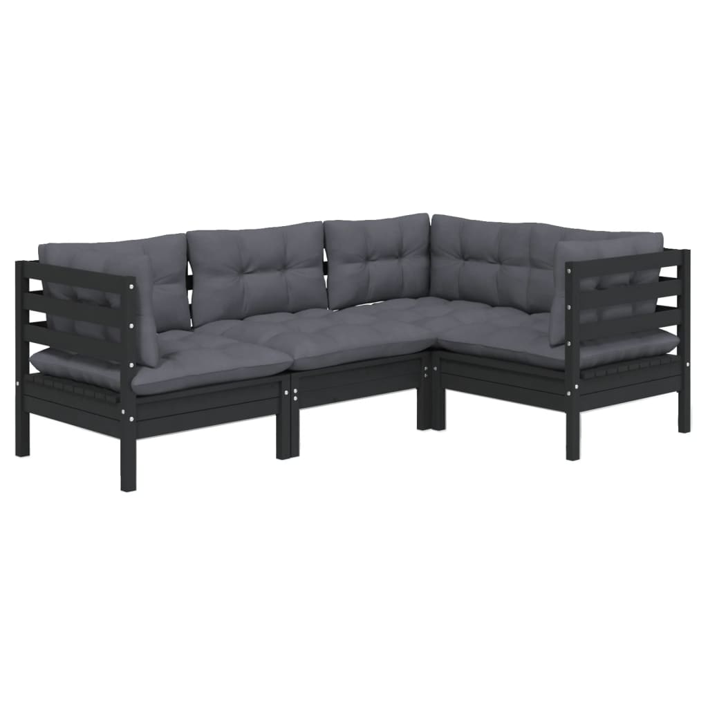 4 Piece Garden Lounge Set with Cushions Black Pinewood