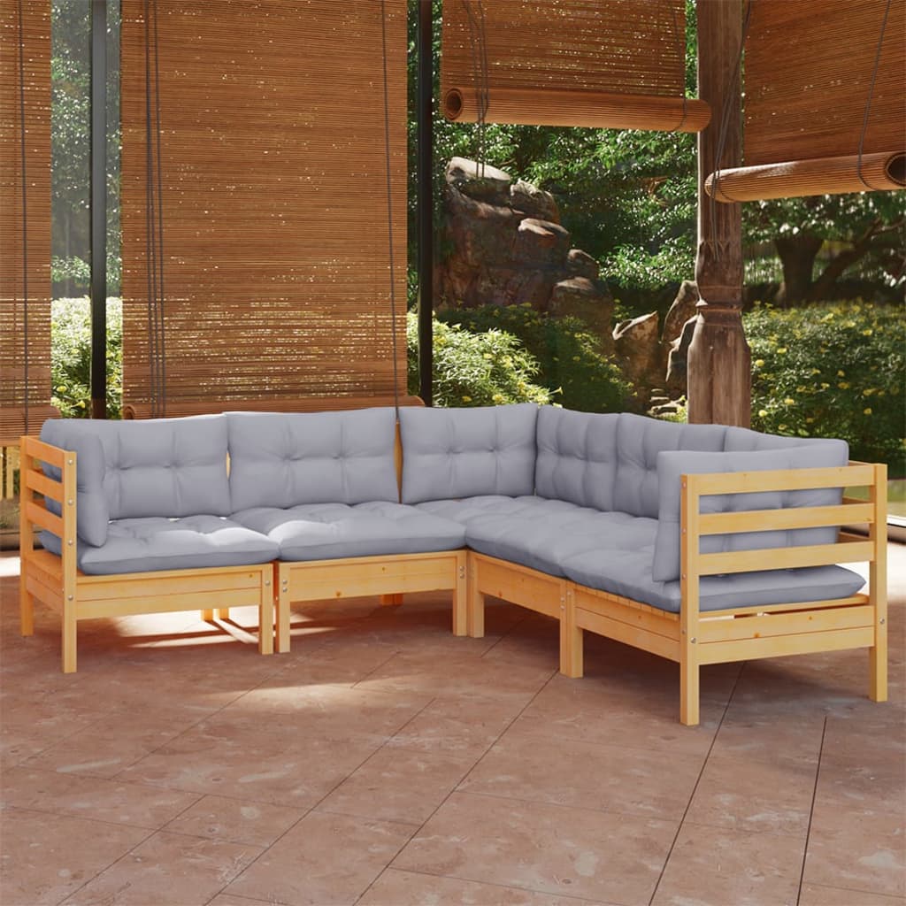 5 Piece Garden Lounge Set with Grey Cushions Solid Pinewood