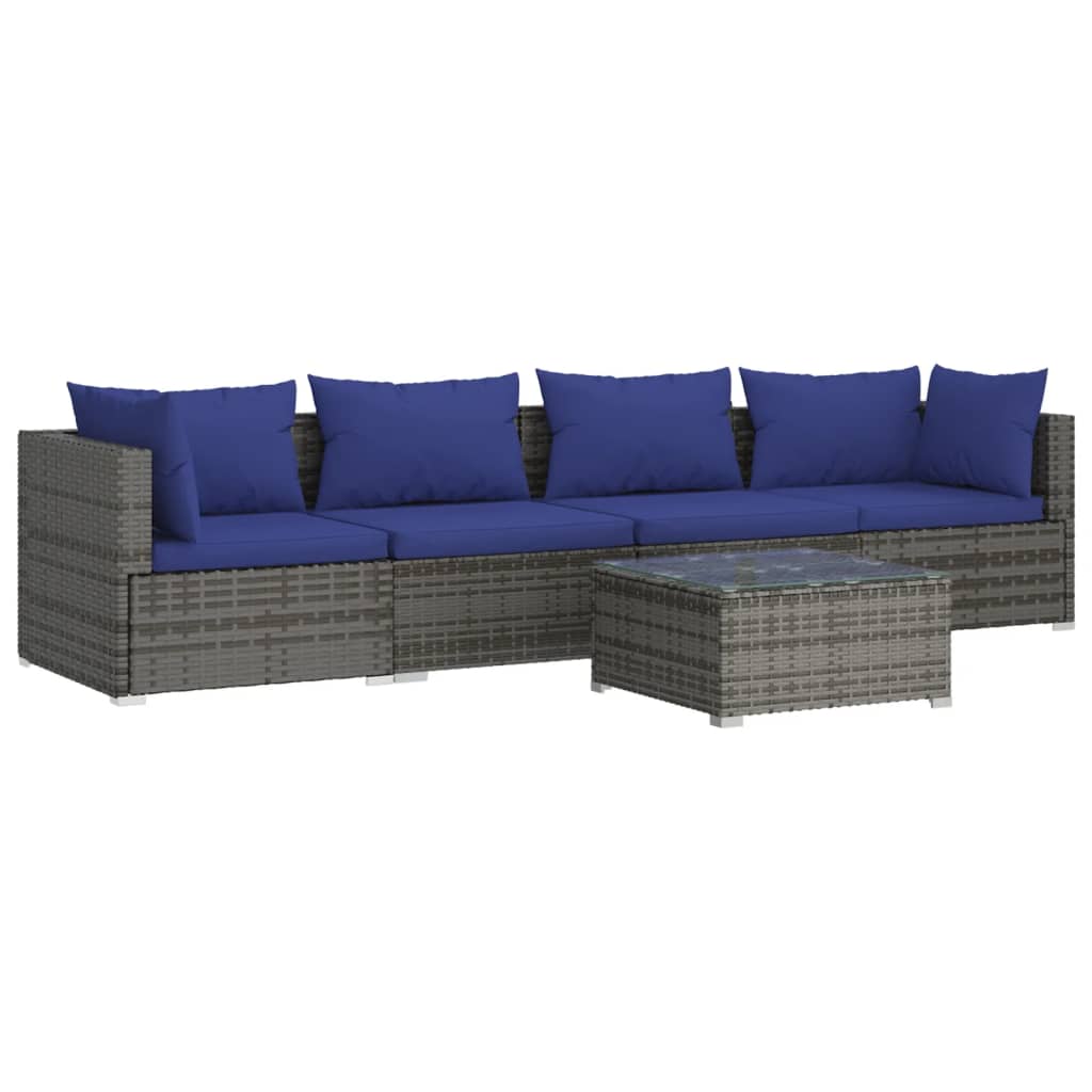 5 Piece Garden Lounge Set with Cushions Poly Rattan Grey