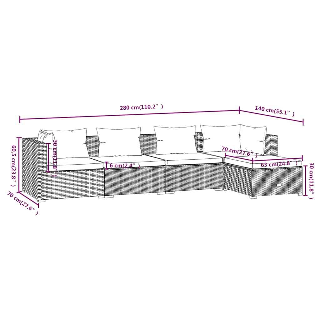 5 Piece Garden Lounge Set with Cushions Poly Rattan Brown