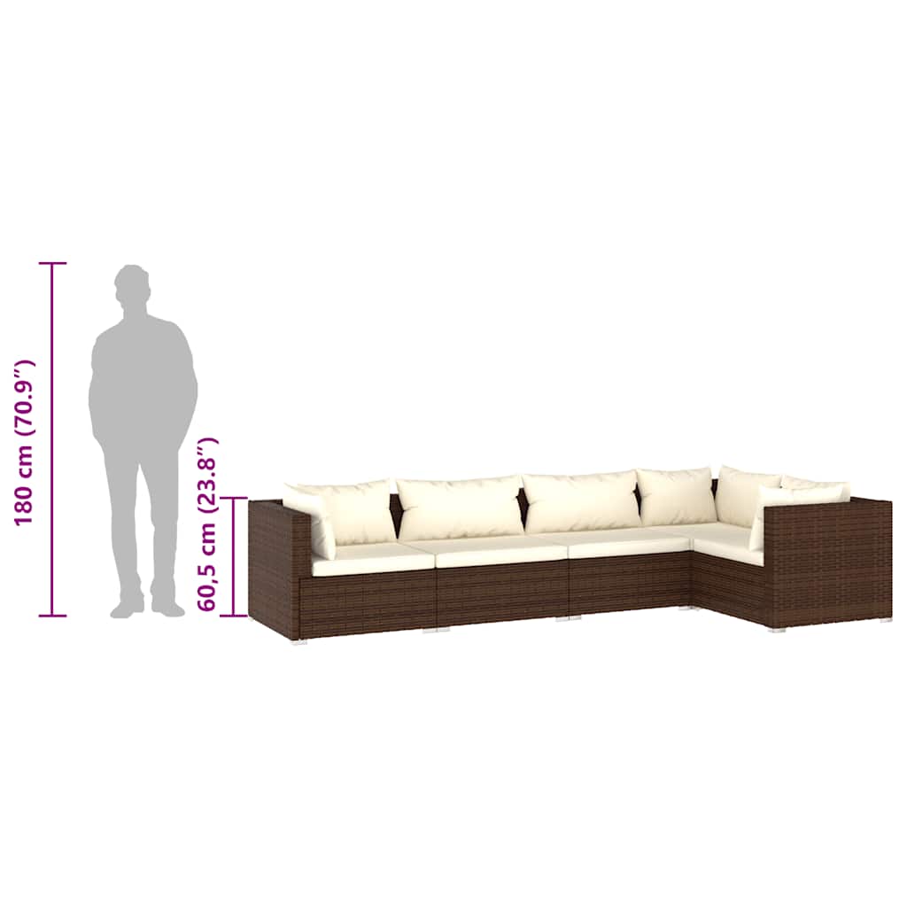 5 Piece Garden Lounge Set with Cushions Poly Rattan Brown