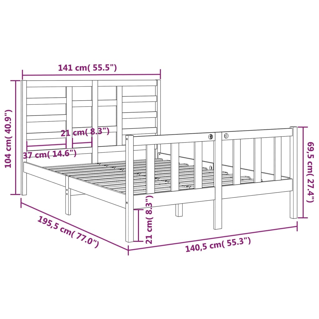 Bed Frame without Mattress Black Solid Wood 135x190 cm