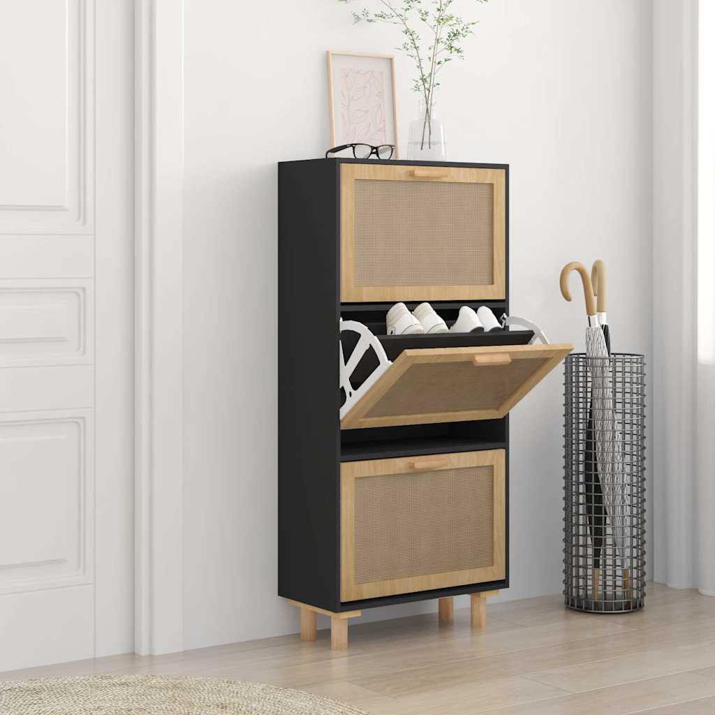 Shoe Cabinet Black 52x25x115 cm Engineered Wood and Natural Rattan