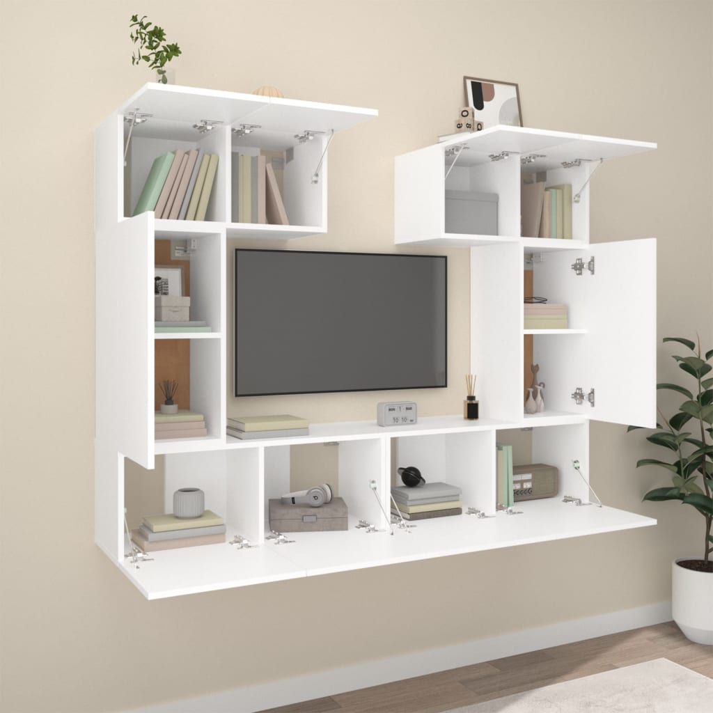 6 Piece TV Cabinet Set White Engineered Wood