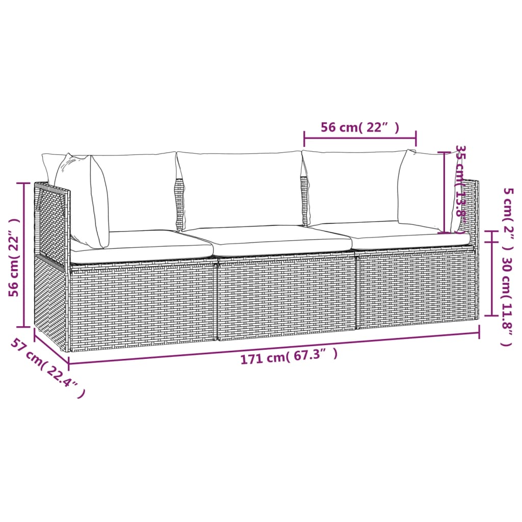 3 Piece Garden Lounge Set with Cushions Grey Poly Rattan