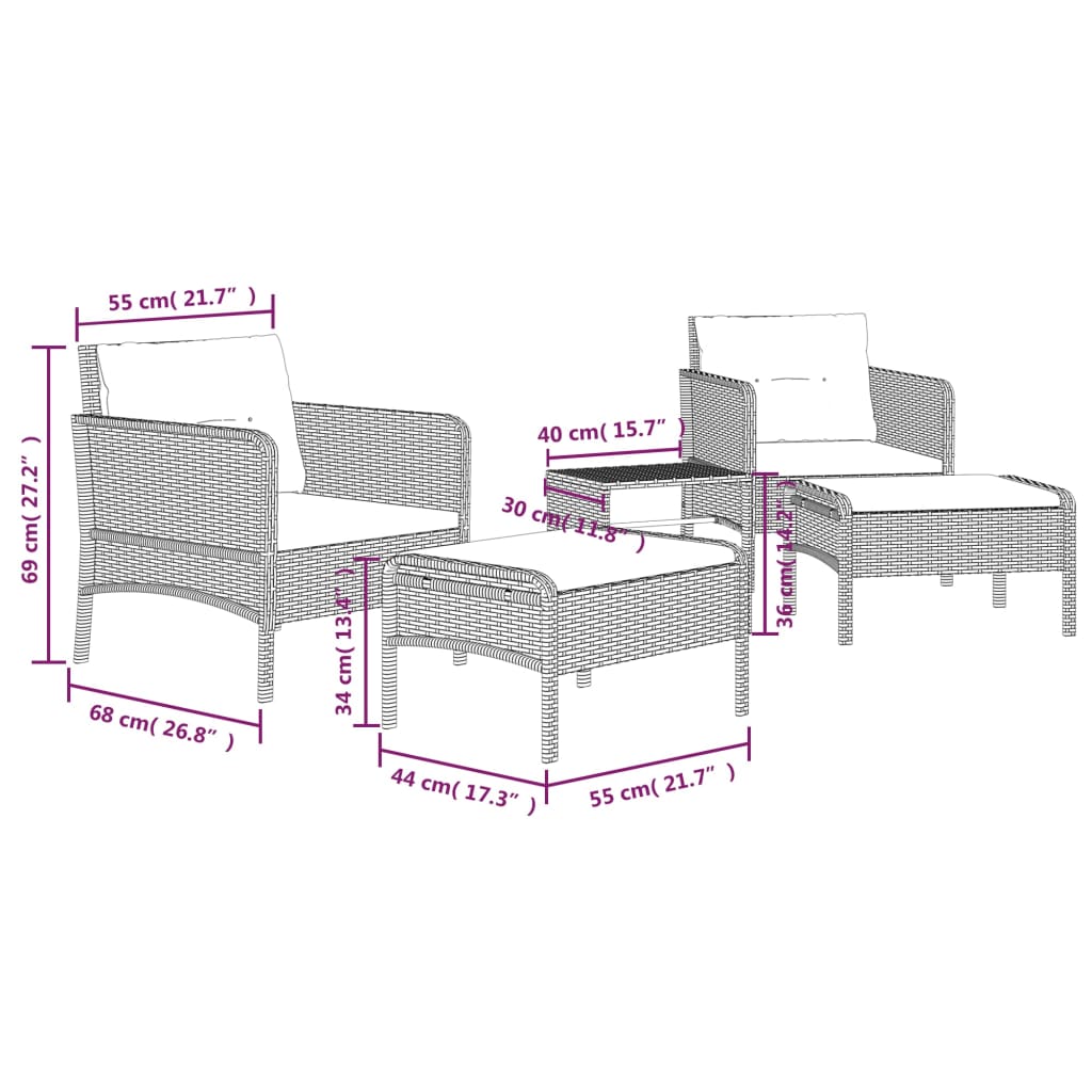5 Piece Garden Lounge Set with Cushions Grey Poly Rattan