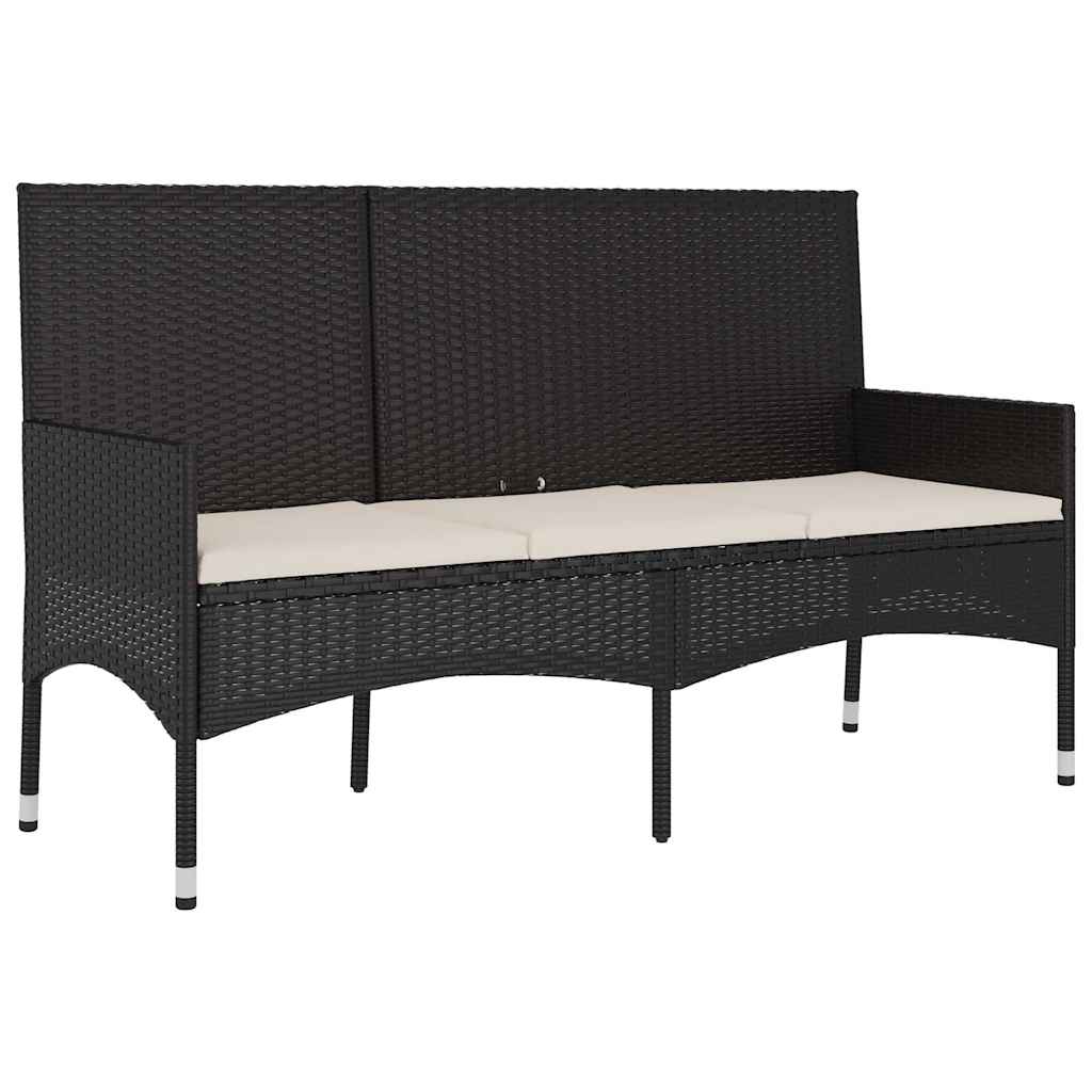3-Seater Garden Bench with Cushions Black Poly Rattan