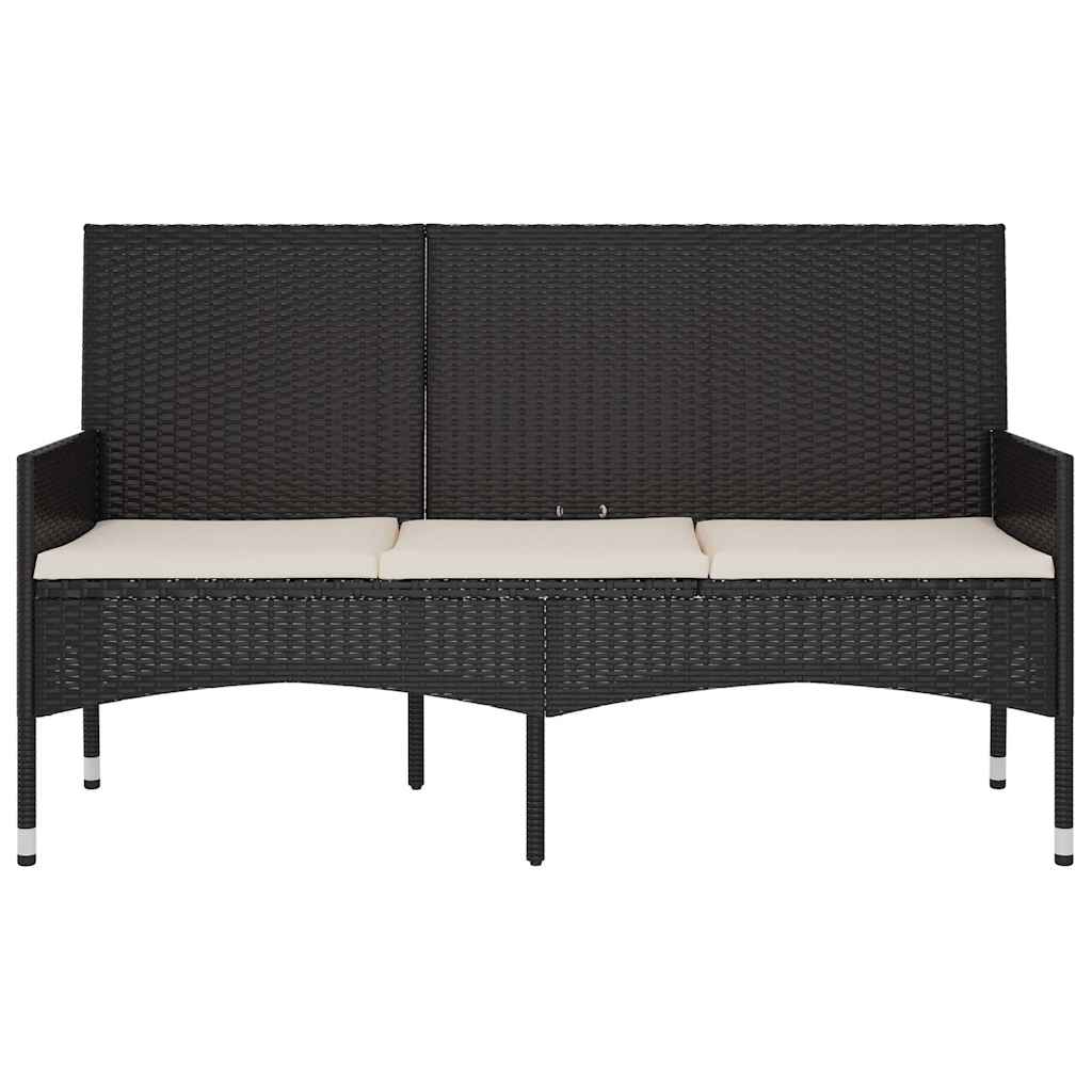 3-Seater Garden Bench with Cushions Black Poly Rattan