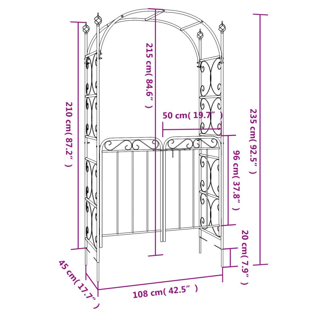 Garden Arch with Gate Black 108x45x235 cm Steel
