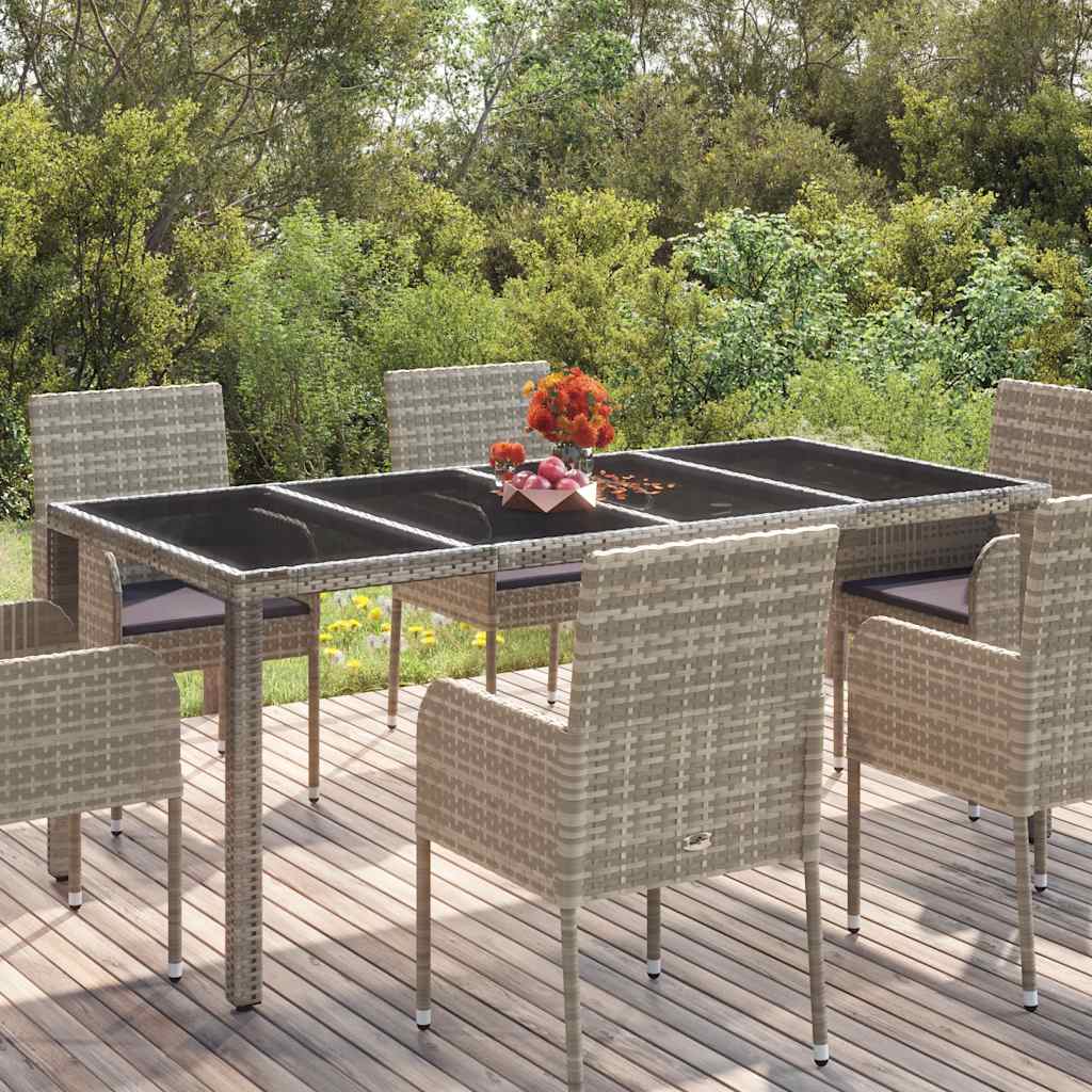 Garden Table with Glass Top Grey 190x90x75 cm Poly Rattan