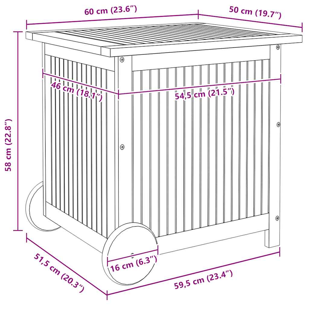 Garden Storage Box with Wheels 60x50x58 cm Solid Wood Acacia