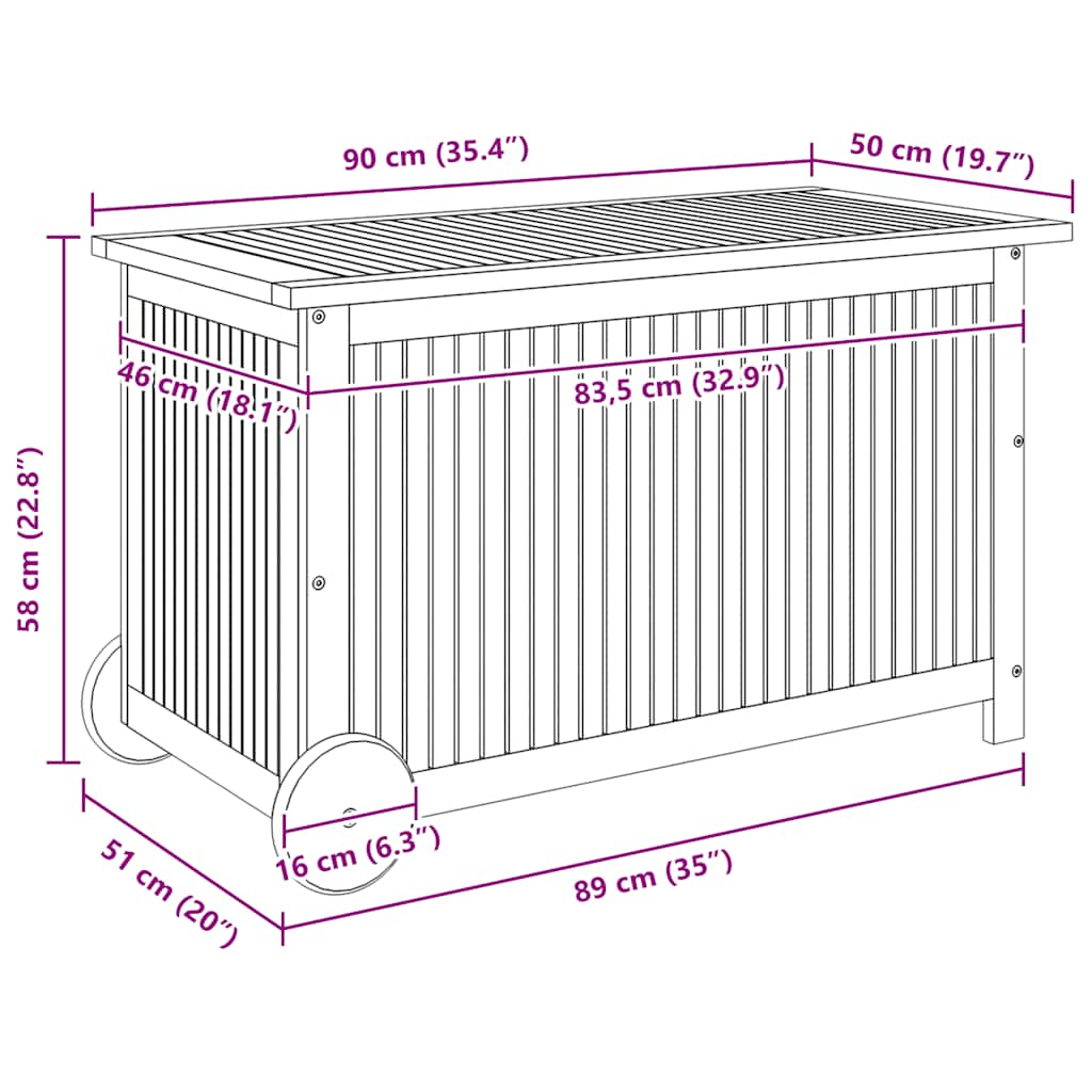 Garden Storage Box with Wheels 90x50x58 cm Solid Wood Acacia