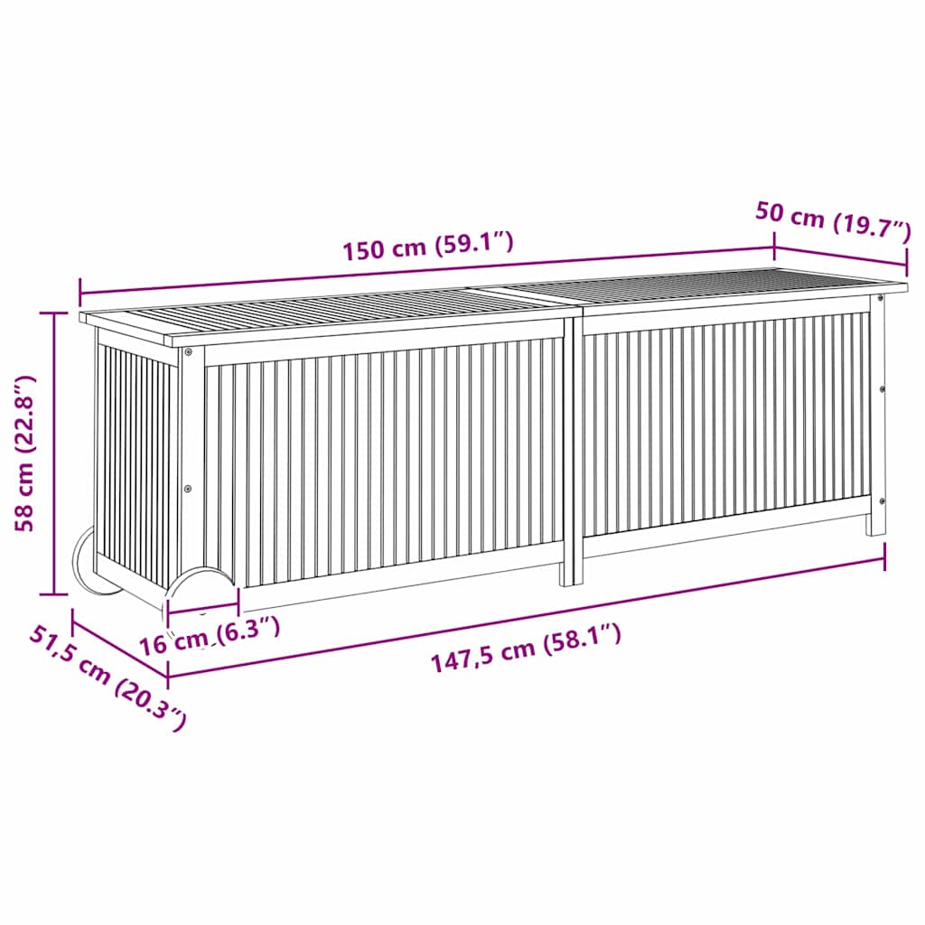 Garden Storage Box with Wheels 150x50x58 cm Solid Wood Acacia