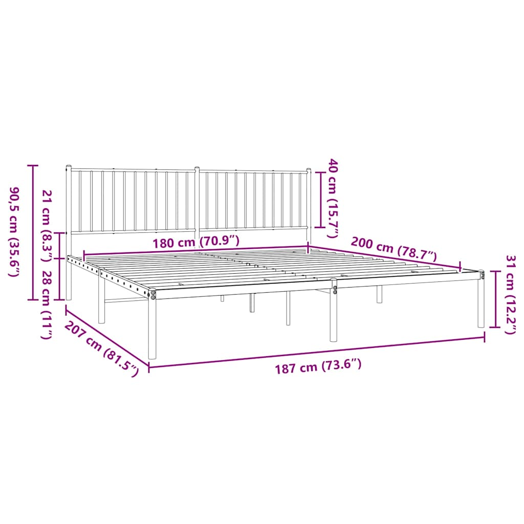 Metal Bed Frame without Mattress with Headboard Black 183x203 cm King