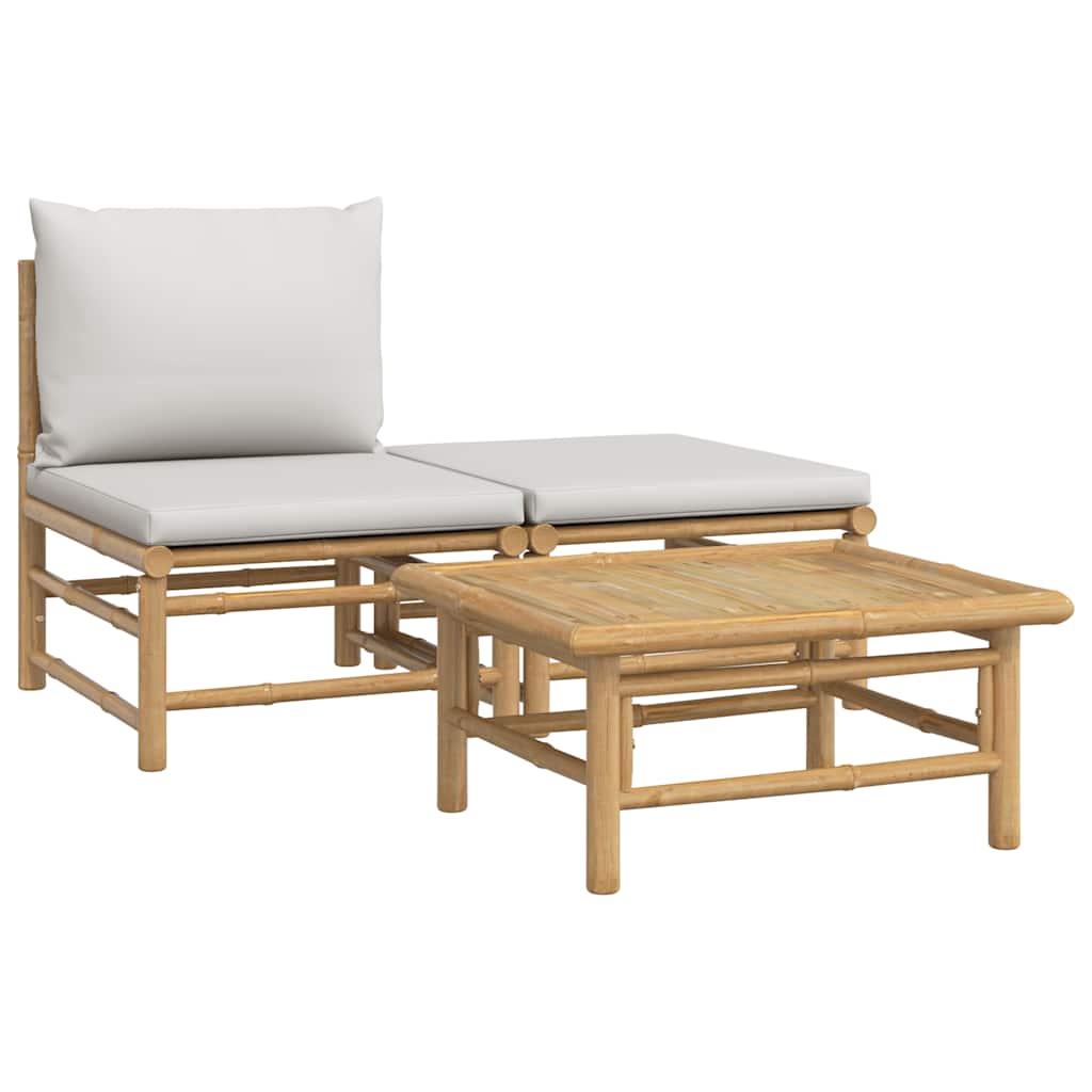 3 Piece Garden Lounge Set with Light Grey Cushions Bamboo