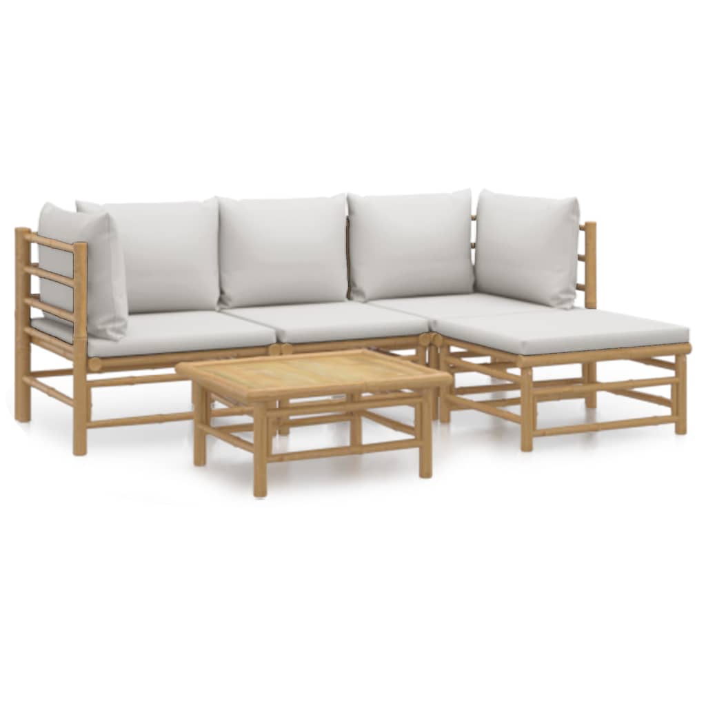 5 Piece Garden Lounge Set with Light Grey Cushions Bamboo