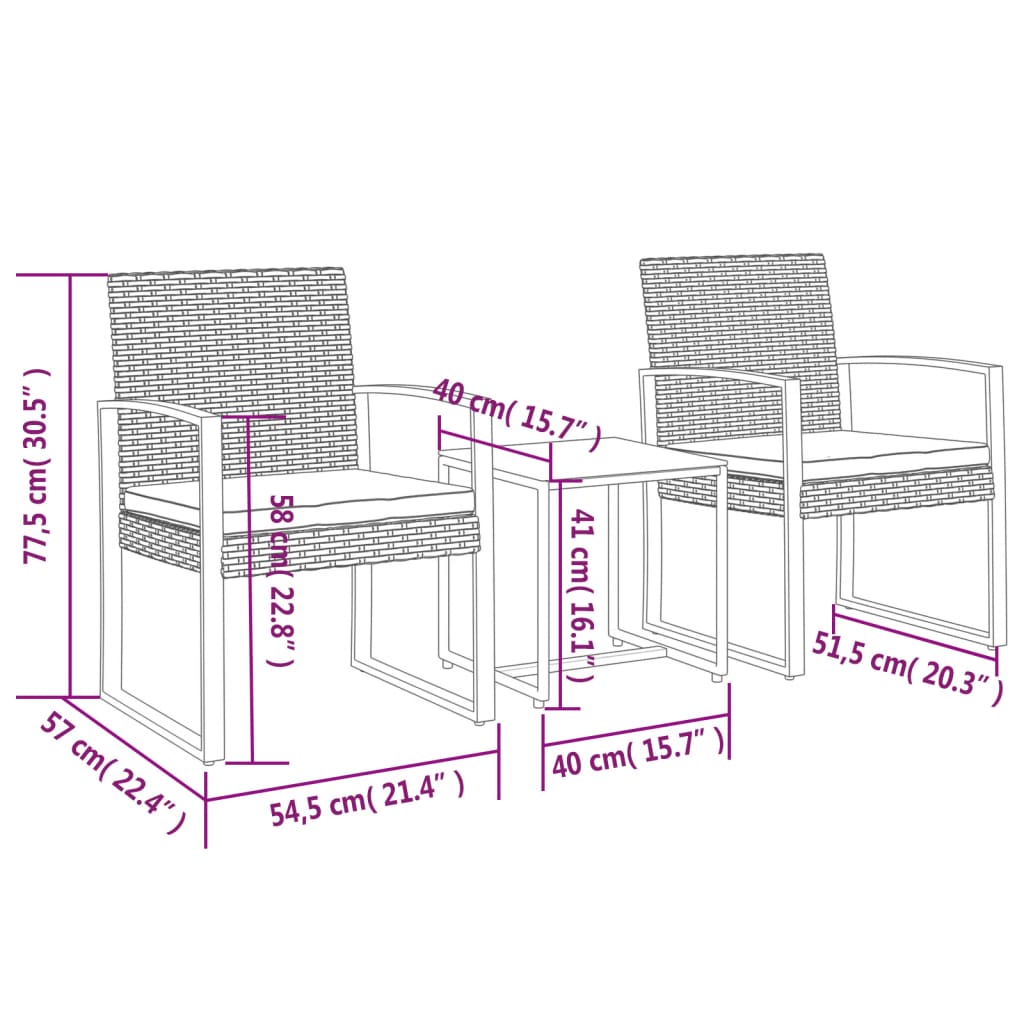 3 piece Garden Dining Set with Cushions Black PP Rattan
