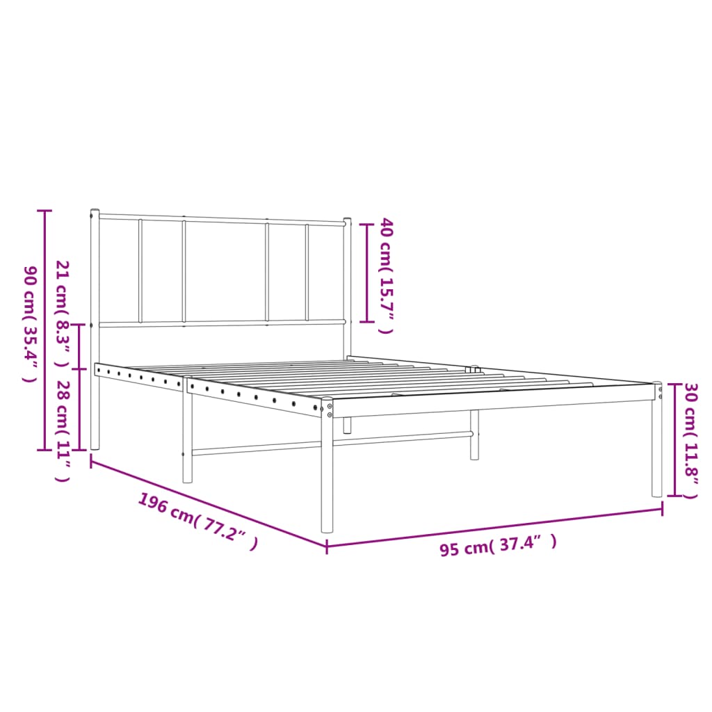 Metal Bed Frame without Mattress with Headboard Black 90x190 cm