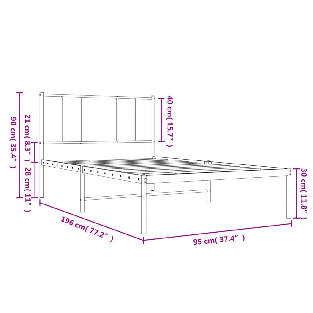 Metal Bed Frame without Mattress with Headboard White 90x190 cm