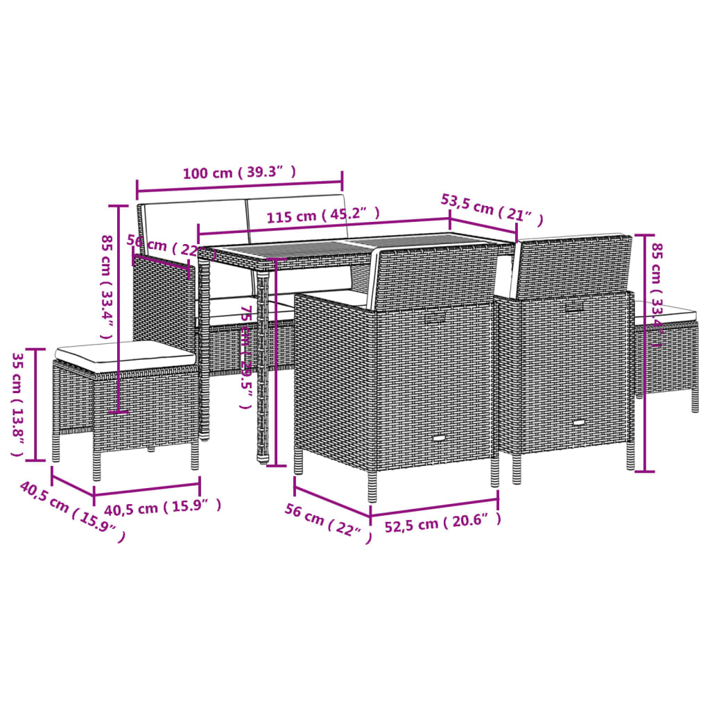 6 Piece Garden Dining Set with Cushions Grey Poly Rattan