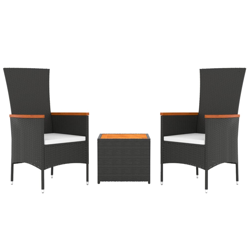 3 Piece Garden Lounge Set Black Poly Rattan&Solid Wood Acacia