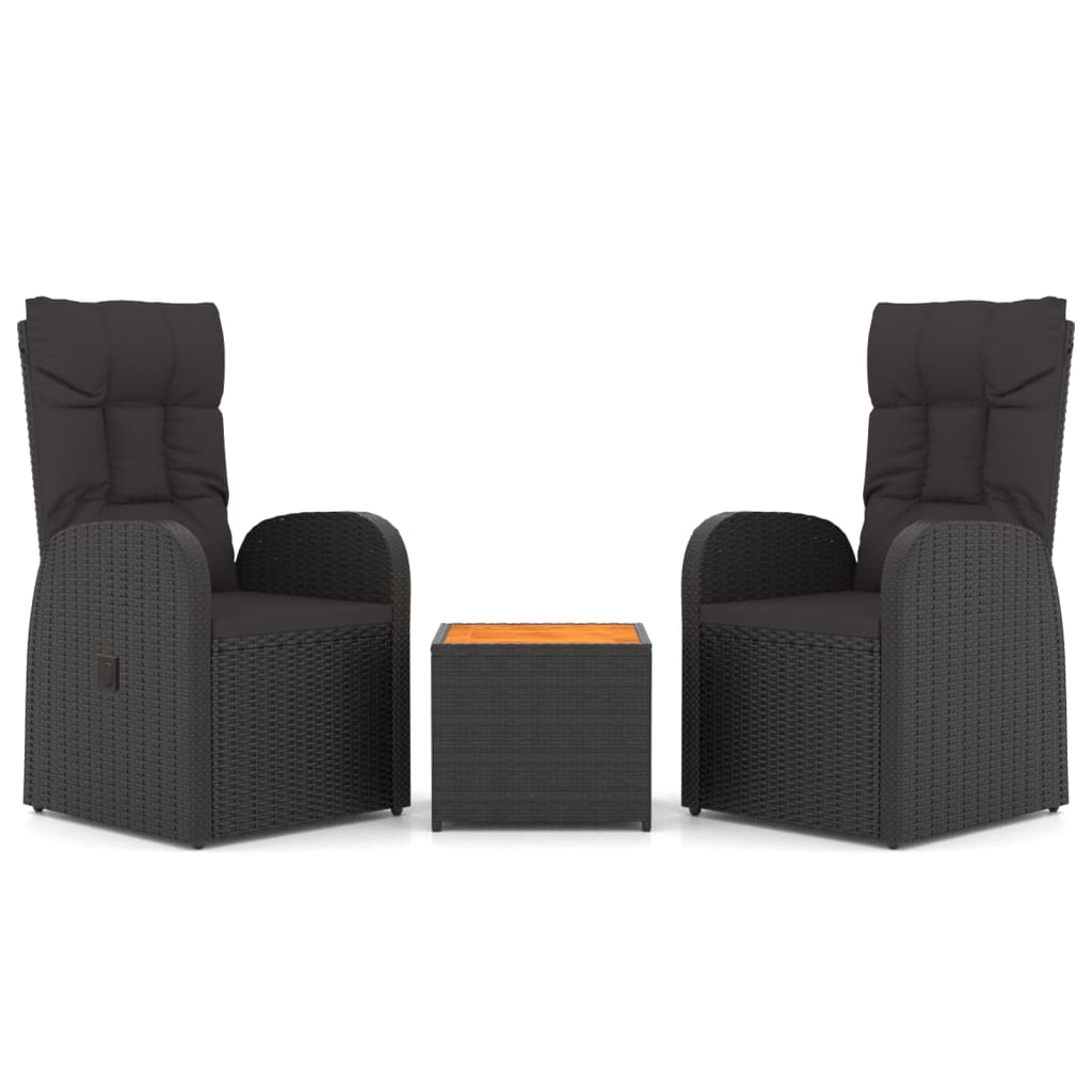 3 Piece Garden Lounge Set Black Poly Rattan&Solid Wood Acacia
