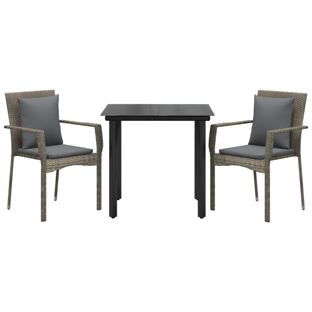 3 Piece Garden Dining Set with Cushions Black and Grey Poly Rattan