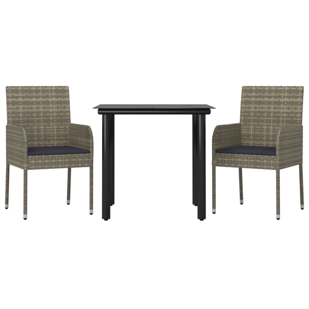 3 Piece Garden Dining Set with Cushions Black and Grey Poly Rattan