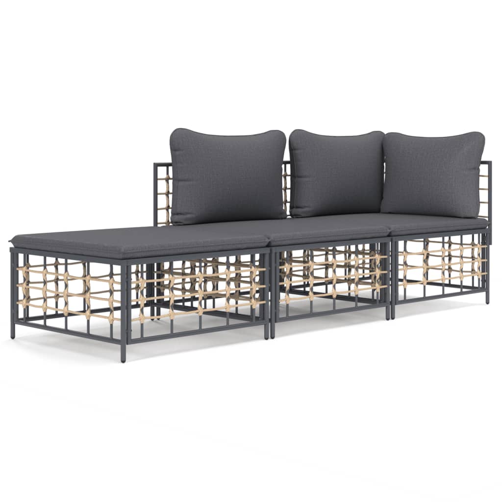 3 Piece Garden Lounge Set with Cushions Anthracite Poly Rattan