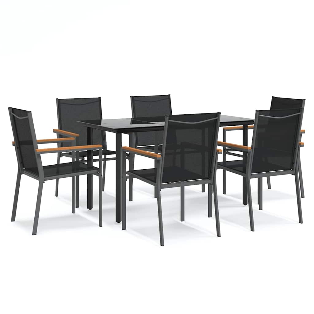 7 Piece Garden Dining Set Black Textilene and Steel