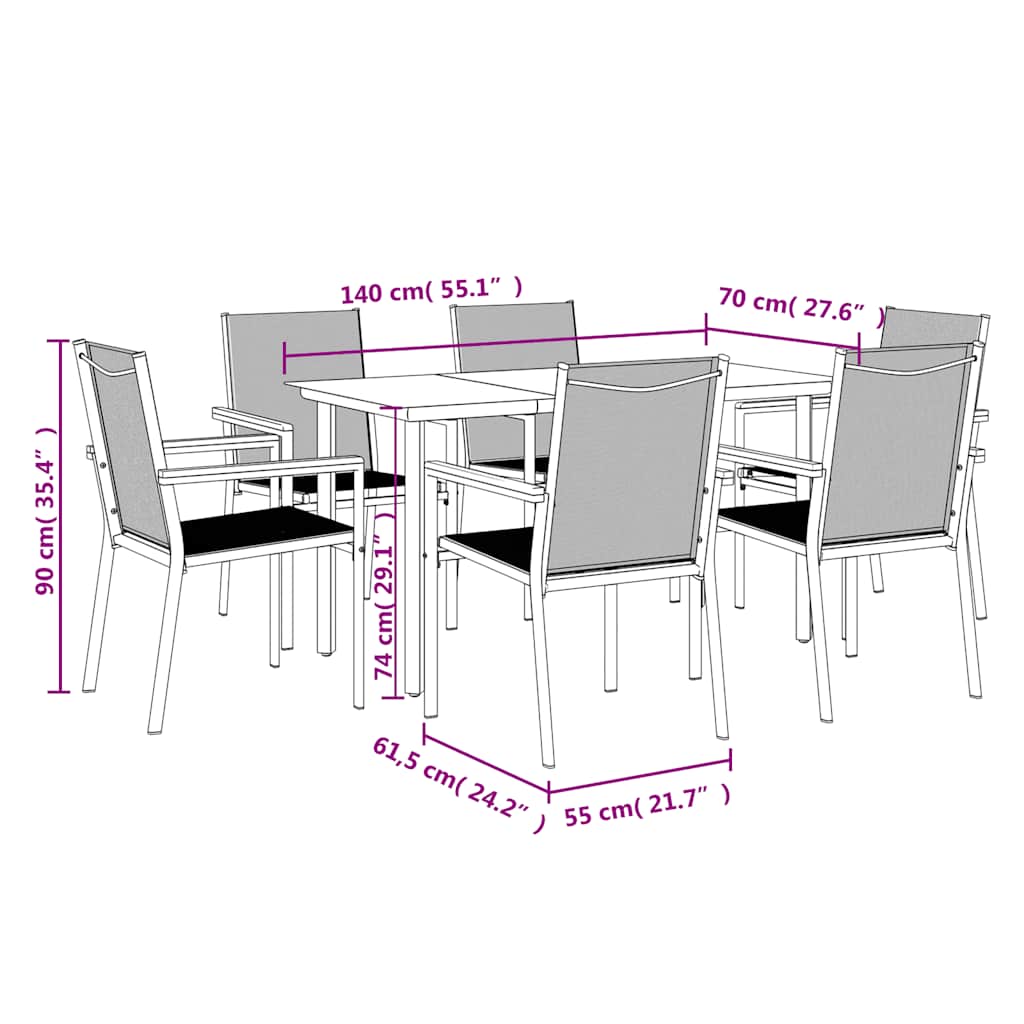 7 Piece Garden Dining Set Black Textilene and Steel