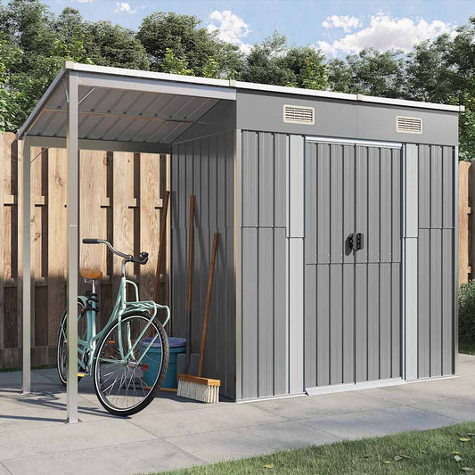Garden Shed with Extended Roof Light Grey 277x110.5x181 cm Steel