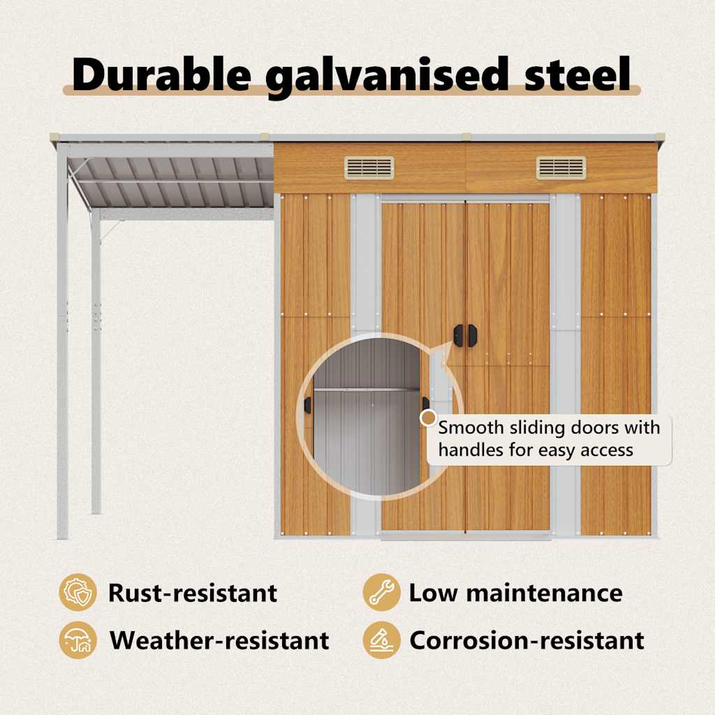 Garden Shed with Extended Roof Light Brown 277x107x181 cm Steel
