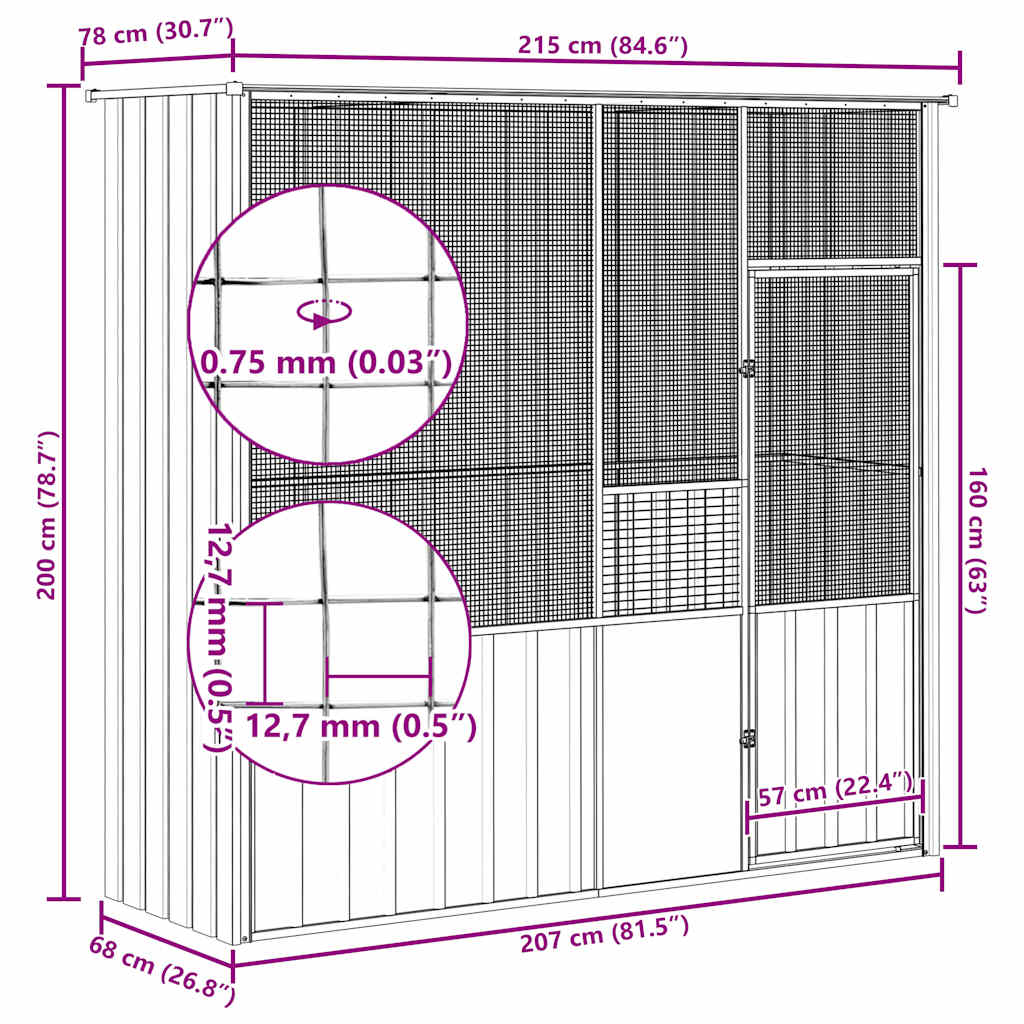 Bird Cage Grey 215x78x200 cm Galvanised Steel