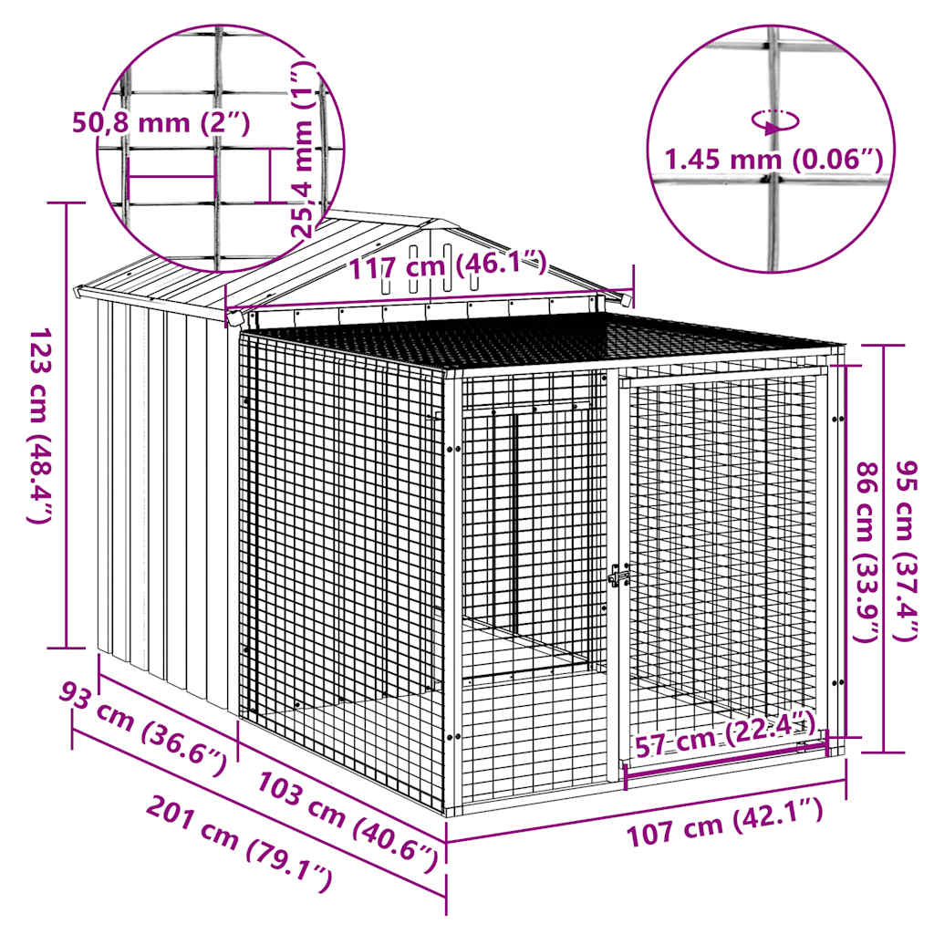 Chicken Cage with Run Light Grey 117x201x123 cm Galvanised Steel