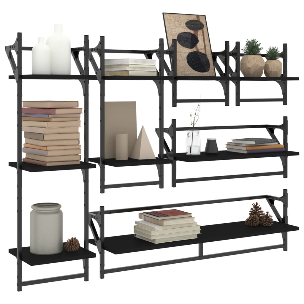 6 Piece Wall Shelf Set with Bars Black Engineered Wood