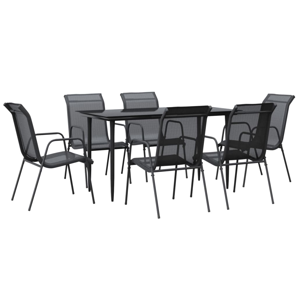 7 Piece Garden Dining Set Black Steel and Textilene