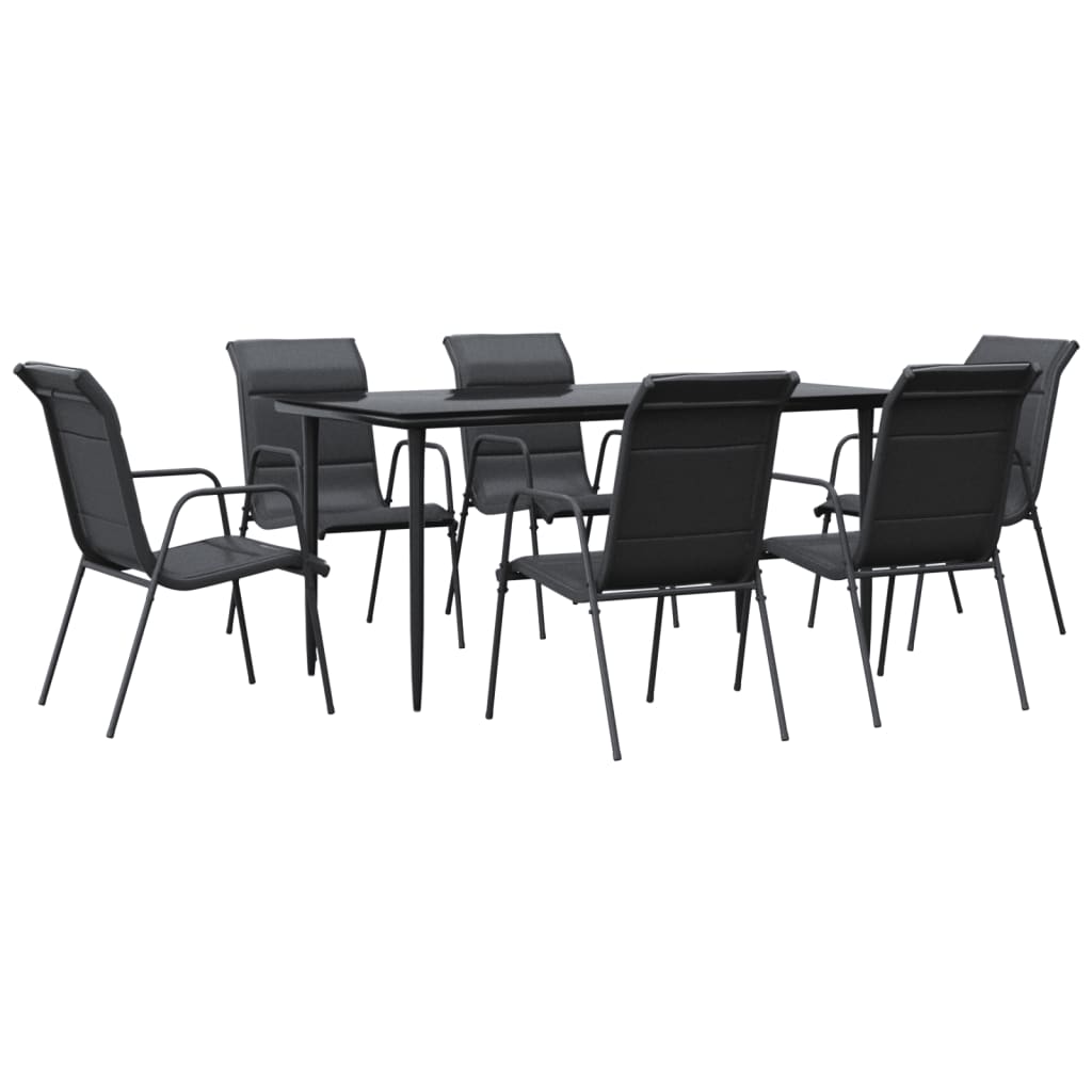 7 Piece Garden Dining Set Black Steel and Textilene