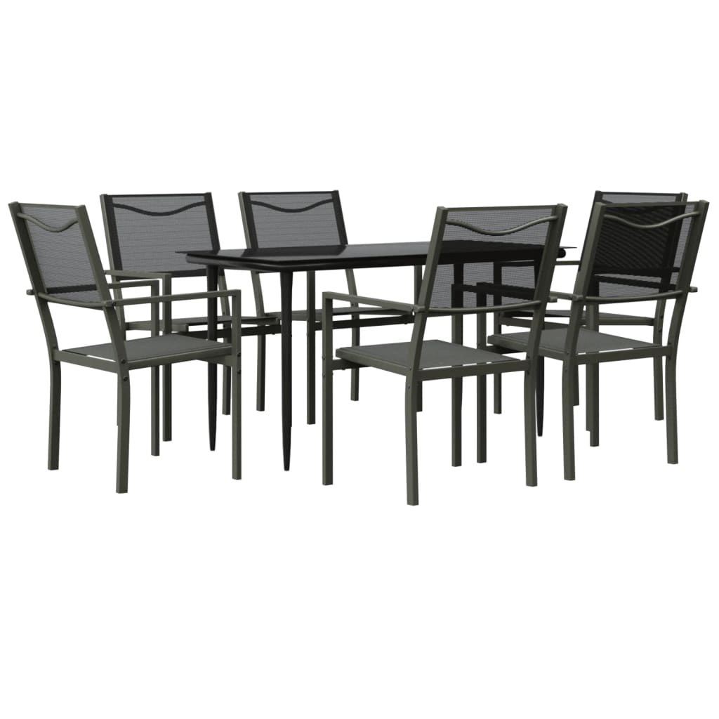 7 Piece Garden Dining Set Black Steel and Textilene